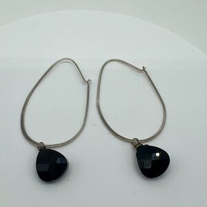 925 STERLING SILVER Black Stone Medium Hoop Earrings